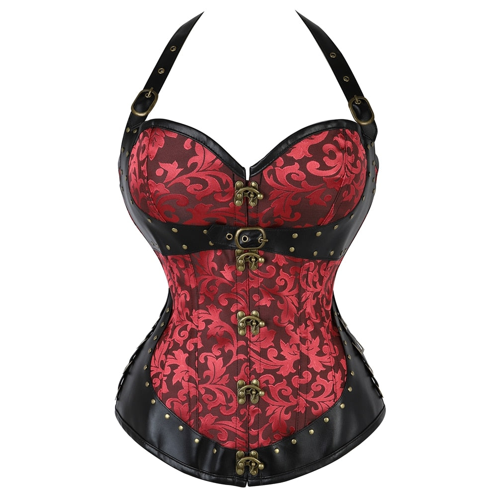 Steampunk Gothic Corset Bustier | Brocade & Leather Halter Top