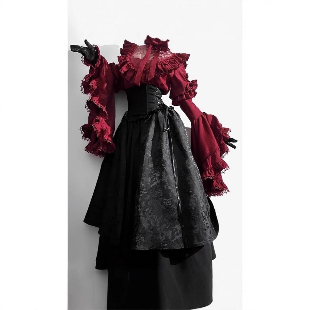 Gothic Lolita Corset Shirt & A-Line Skirt Set | Princess Sleeve Two-Piece Outfit