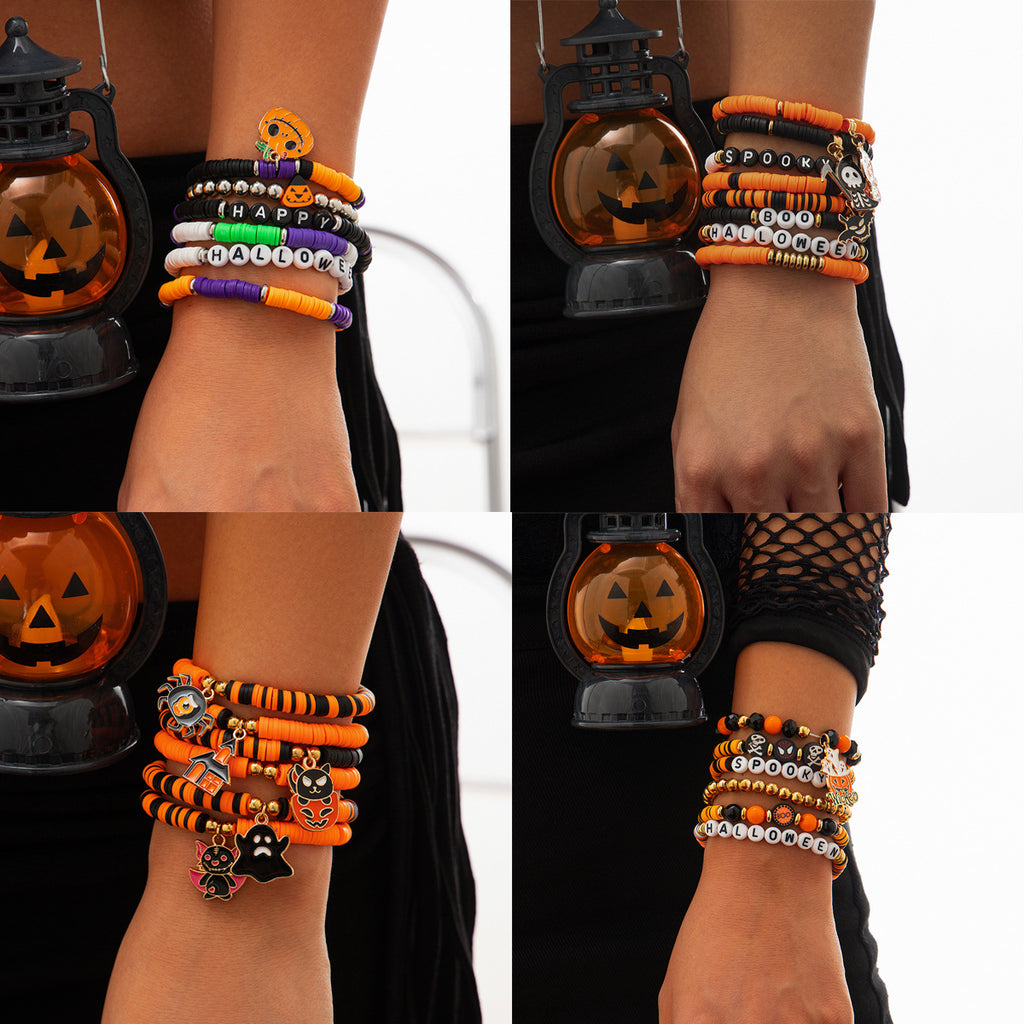 Gothic Pumpkin Multi-Layer Bracelet Set | Punk Alloy Ceramic Halloween Jewelry