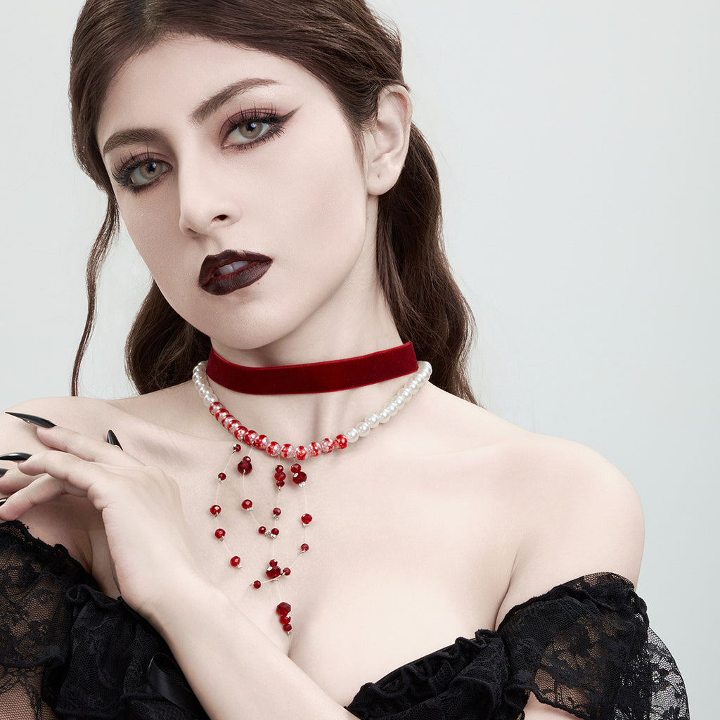 Gothic Pearl Blood Drop Tassel Choker – Crystal Collarbone Chain