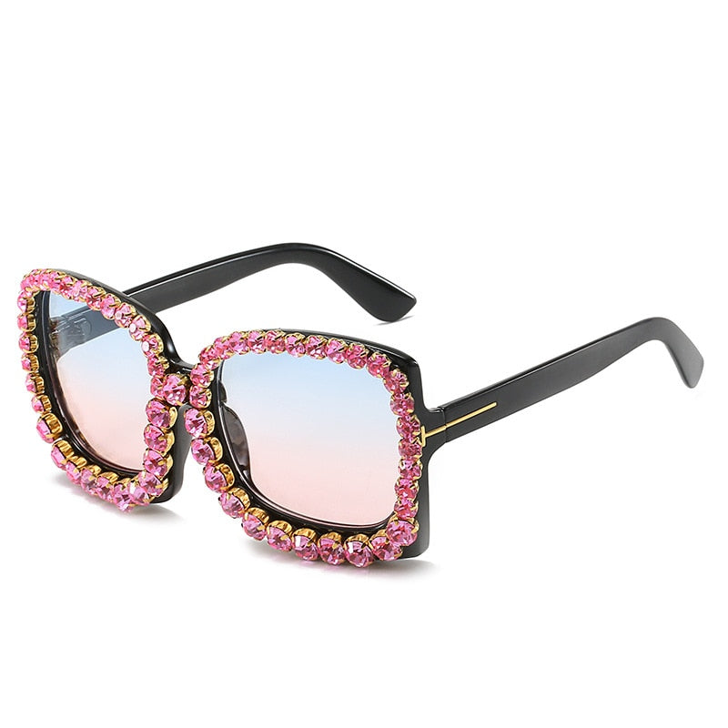Oversized Square Rhinestone Crystal Sunglasses | Vintage Luxury UV400 | Black, Silver, Pink, Purple