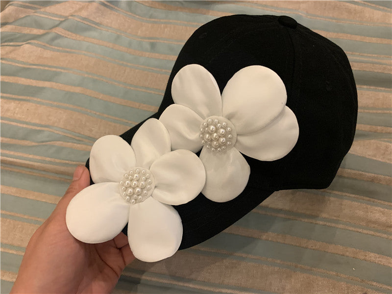 3D Pearl Flower Baseball Cap | Korean Style Cotton Sun Hat | Black & White