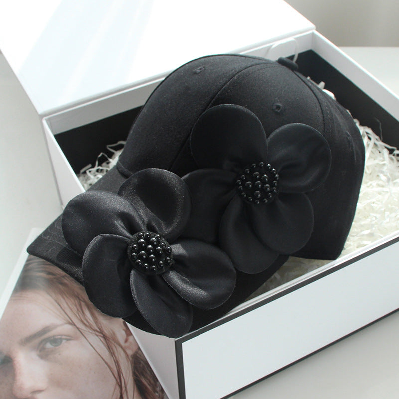3D Pearl Flower Baseball Cap | Korean Style Cotton Sun Hat | Black & White
