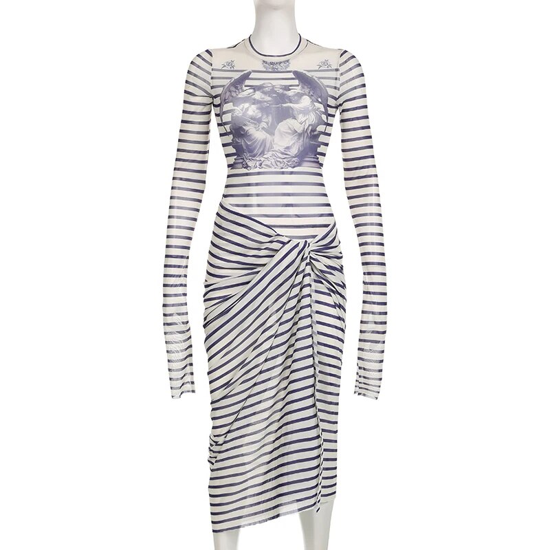 Gothic Punk Vintage Print Two-Piece Set – Striped Slit Dress