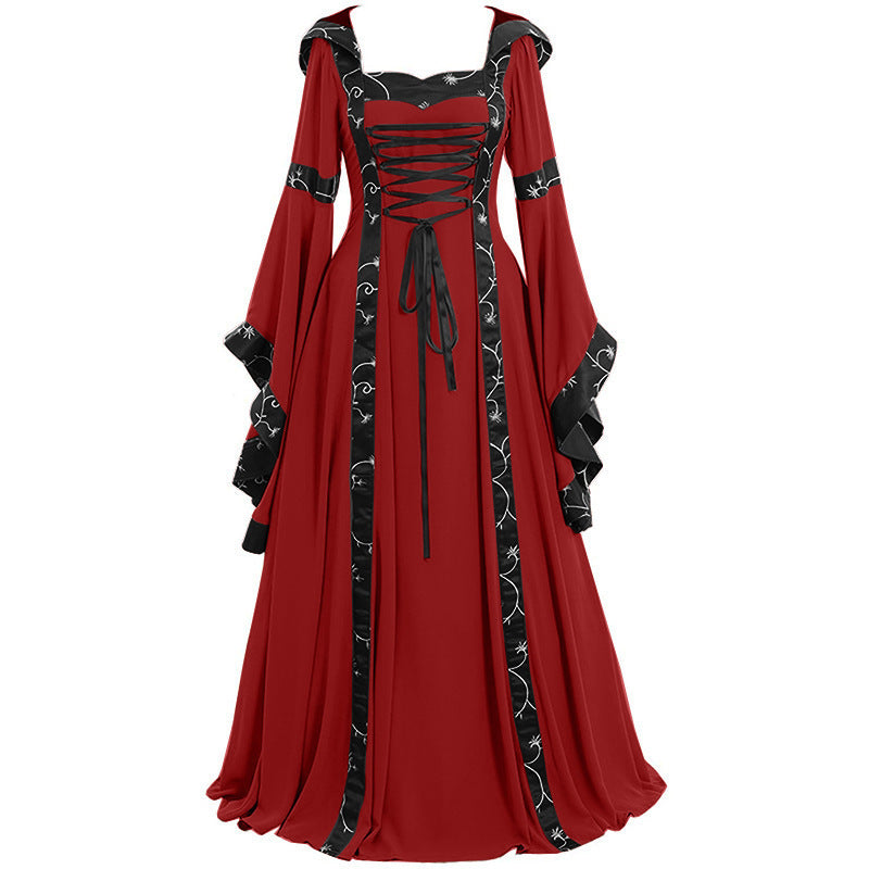 Medieval Gothic Victorian Hooded Strap Dress – Trumpet Sleeve