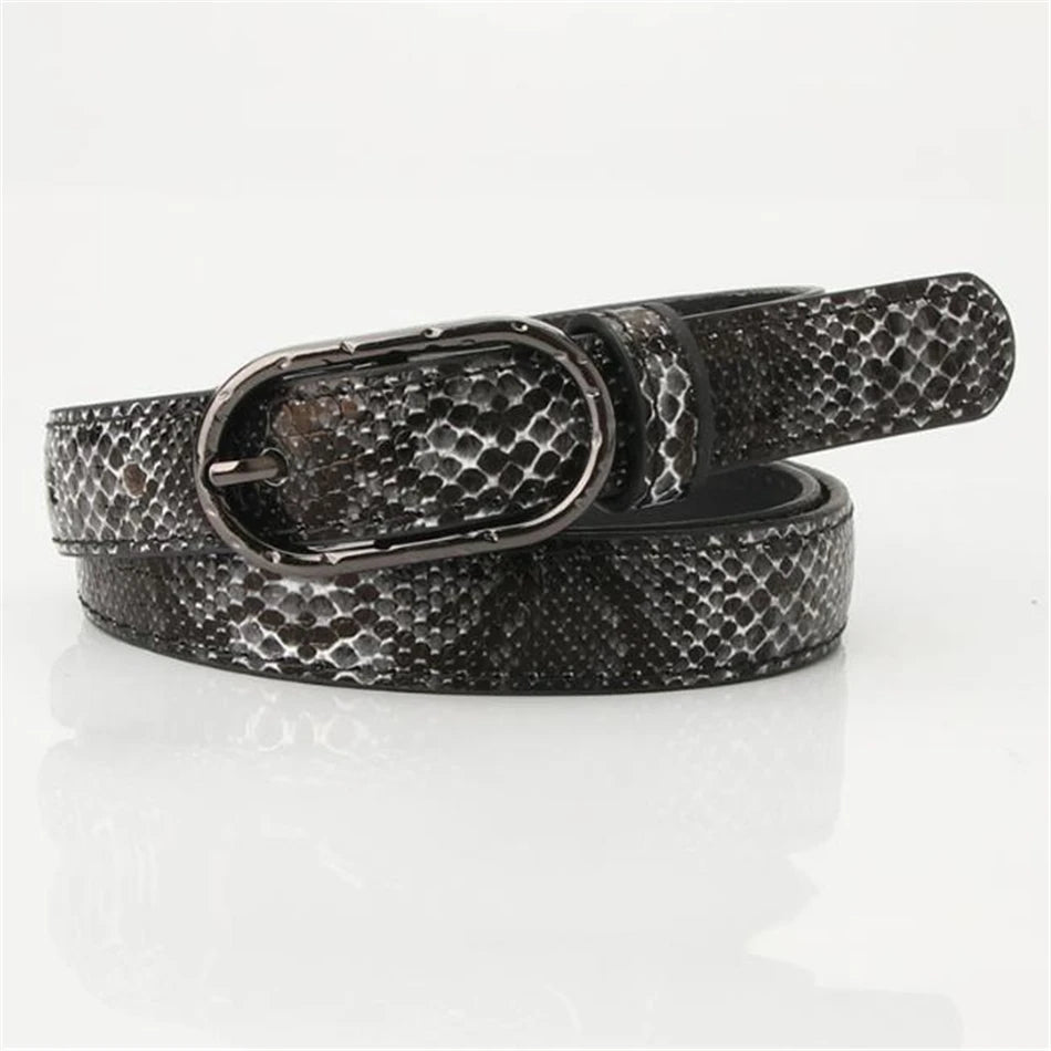 Snake Print Thin Faux Leather Belt | Pin Buckle Waist Strap for Women | Black