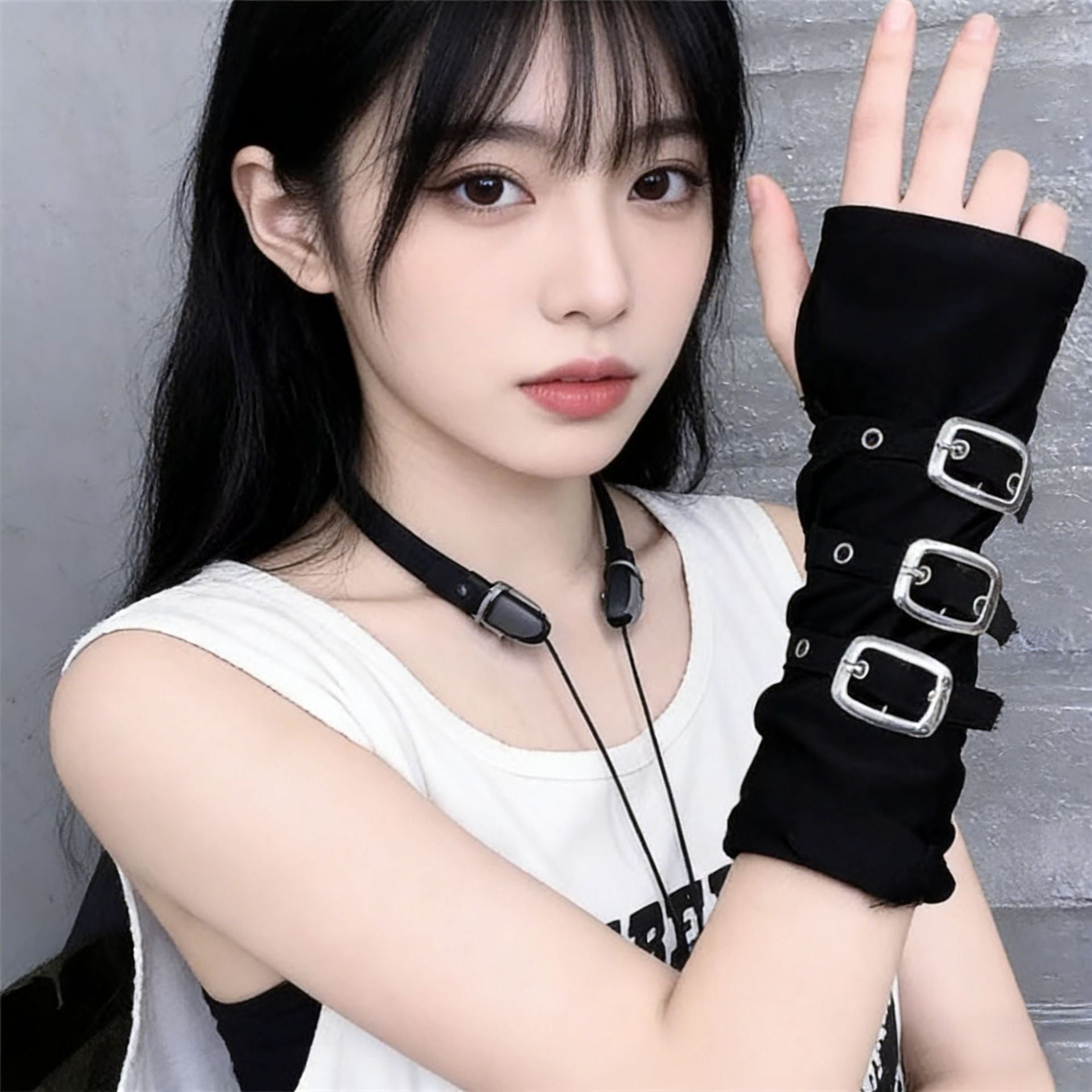 Punk Gothic Fingerless Gloves | Metal Buckle Arm Sleeves | Dark Cosplay & Sun Protection