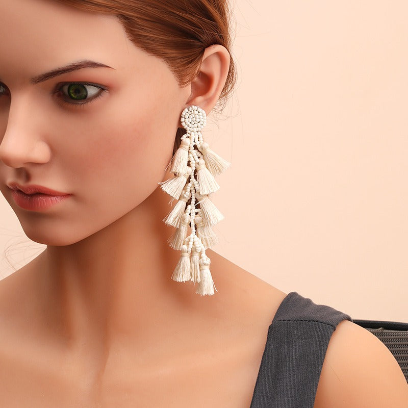 Rice Bead Cascading Tassel Drop Earrings | Long Boho Statement Earrings