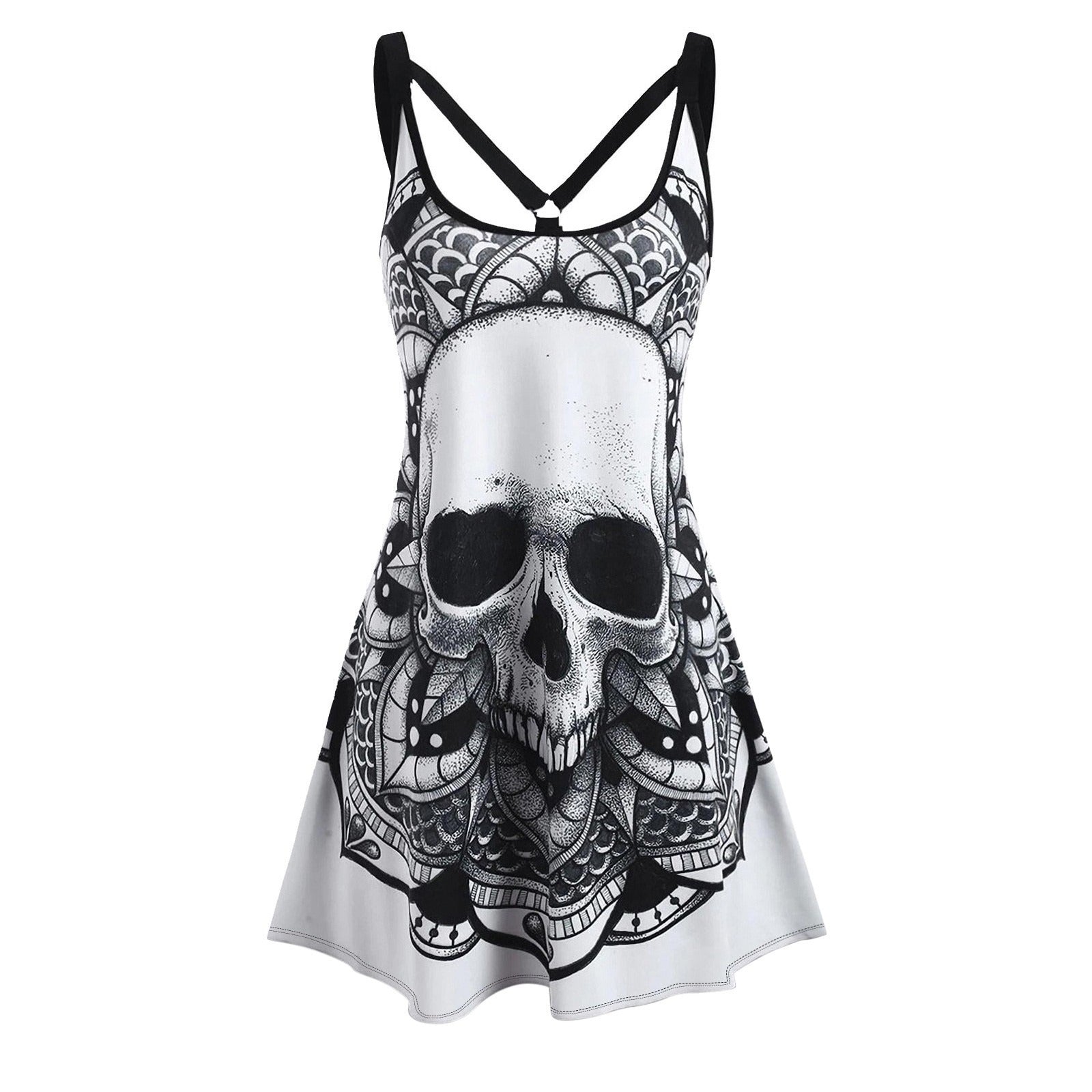 Gothic Backless Printed Tank Dress | Sleeveless Casual Dress for Halloween & Everyday Wear
