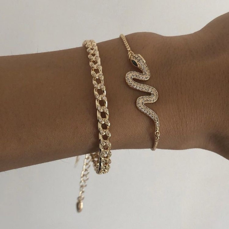 Crystal Snake Bracelet | Gold Rhinestone Serpent Cuff Jewelry