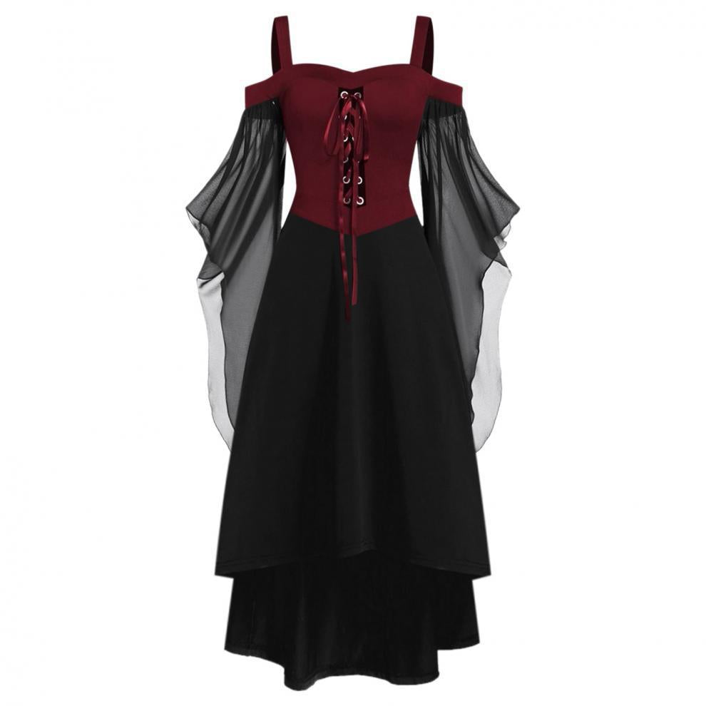Plus Size Gothic Off-Shoulder Witch Dress | Flared Sleeve Chiffon Maxi Dress