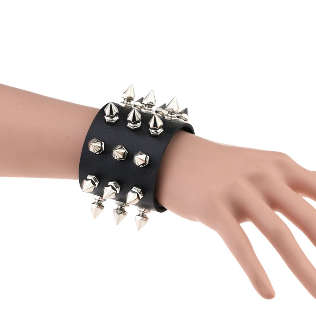 Punk Gothic Spiked Rivet Leather Cuff Bracelet | Wide Wristband | Black & Red