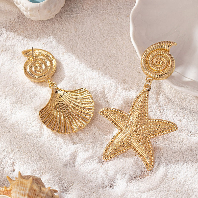 Gold Starfish & Shell Statement Earrings