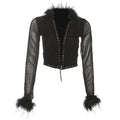 Gothic Punk Style Sleeveless Mesh Sheer Long Sleeve Top with Waist Tie for Women