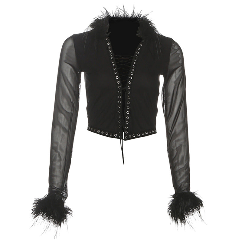 Gothic Punk Style Sleeveless Mesh Sheer Long Sleeve Top with Waist Tie for Women