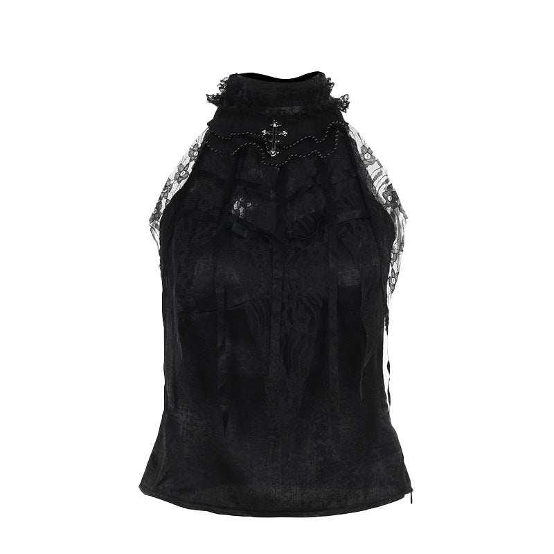 Street Style Gothic Ruffled Rose Strap Top with Spiderweb Bow Neckline for Women