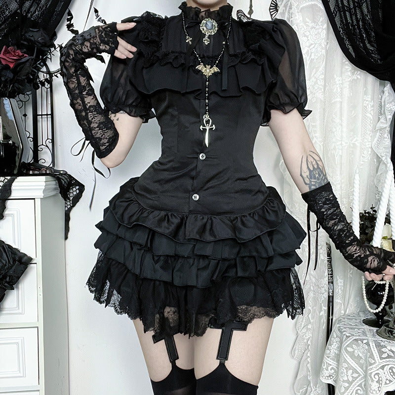 Gothic Dark Style Stand Collar Short Top