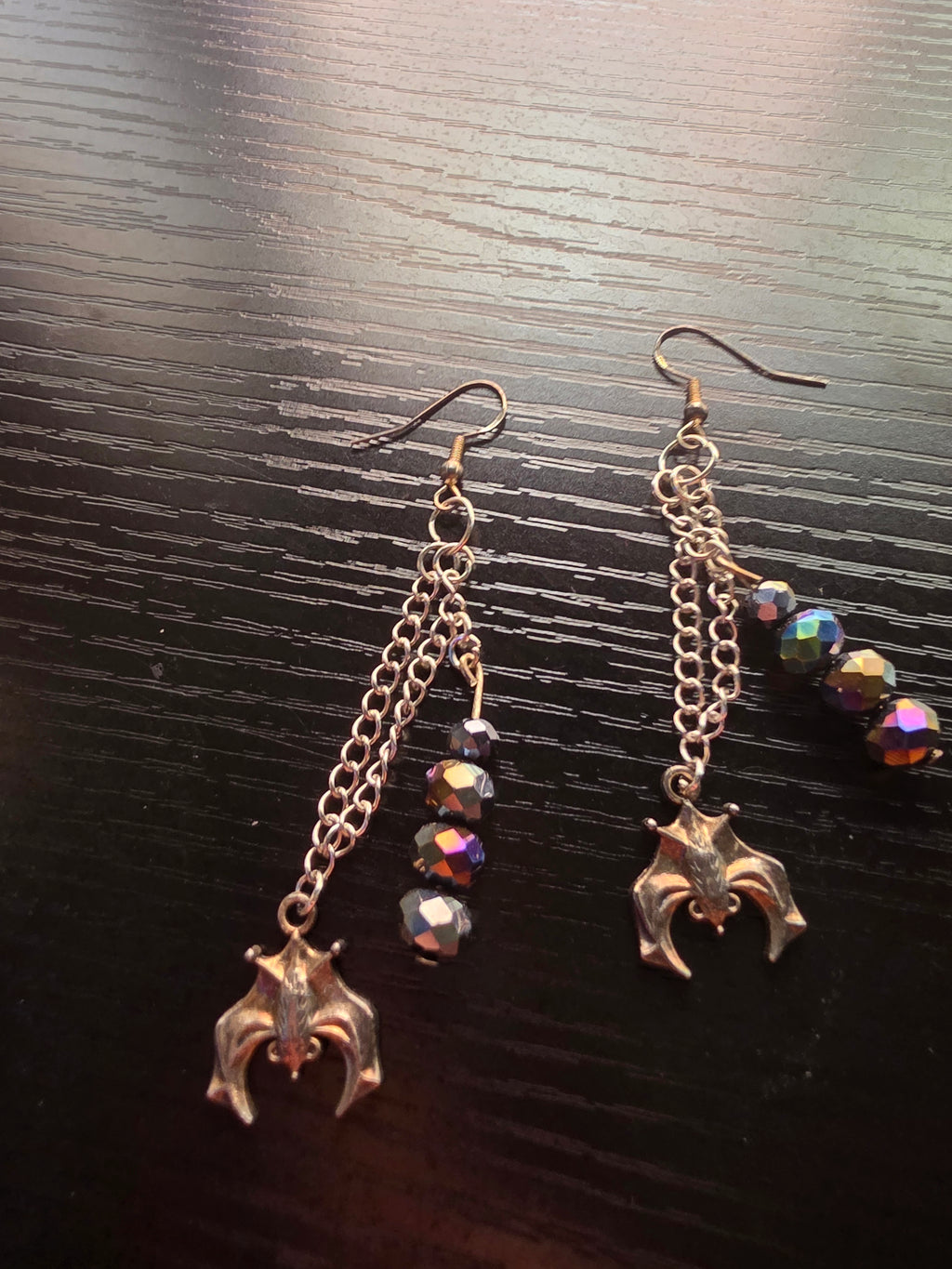 🦇 Midnight Iridescent Bat Drop Earrings (.925 Sterling Silver) 🦇
