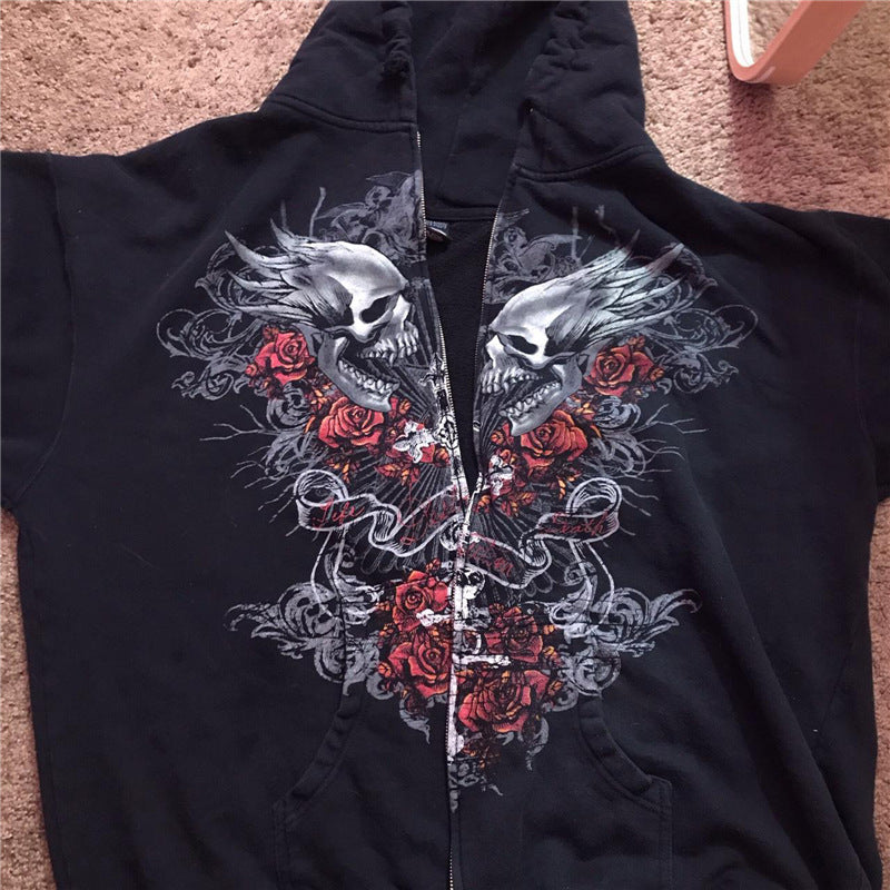 Gothic Zipper Hoodie Cardigan – Fleece-Lined Loose Fit