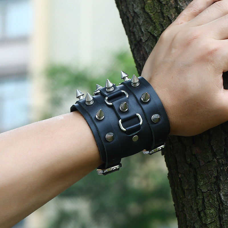 Exaggerated Punk Genuine Leather Bracelet | Handmade Wide Cuff
