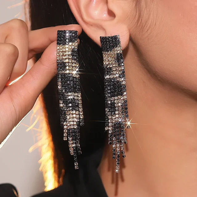 Black Rhinestone Crystal Long Tassel Earrings