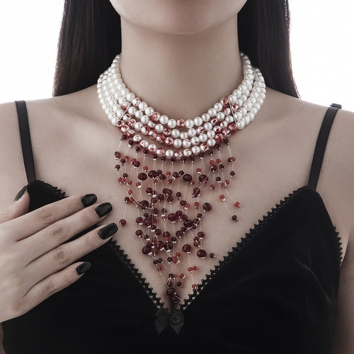 Gothic Pearl Blood Drop Tassel Choker – Crystal Collarbone Chain