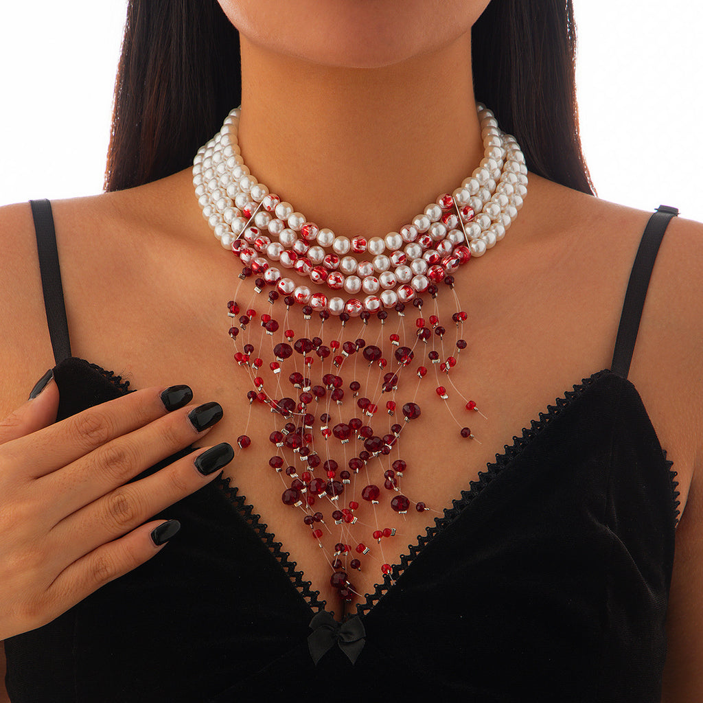 Gothic Pearl Blood Drop Tassel Choker – Crystal Collarbone Chain