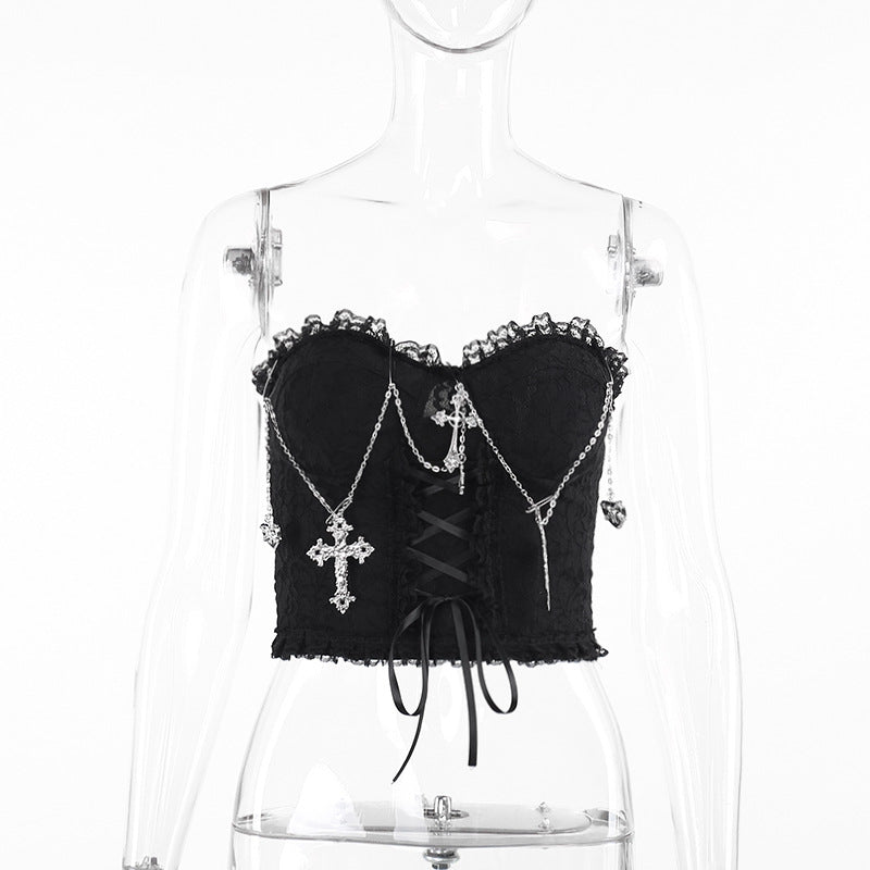Gothic Cross Chain Strapless Crop Top