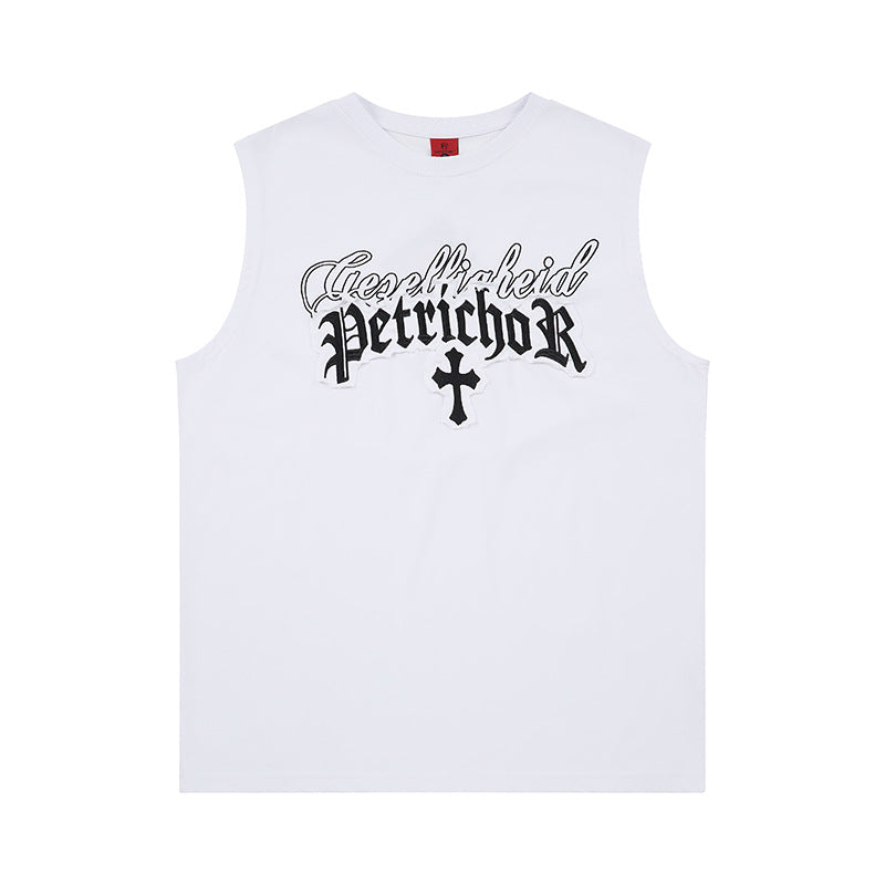 Gothic Cross Letter Embroidered Wide-Shoulder Vest