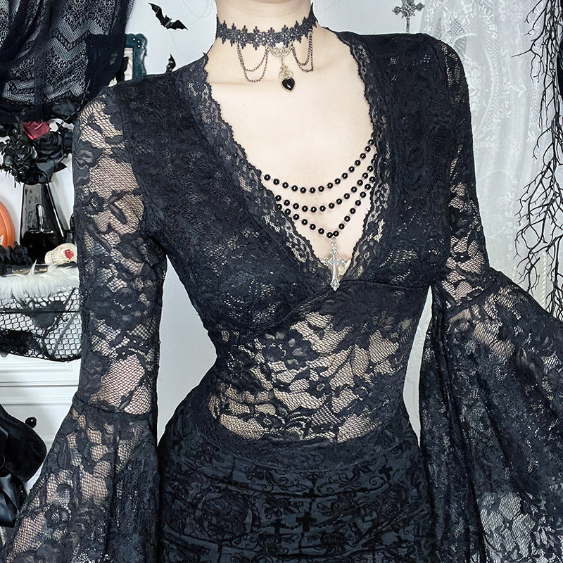 Gothic Lace V-Neck Flare Sleeve Top