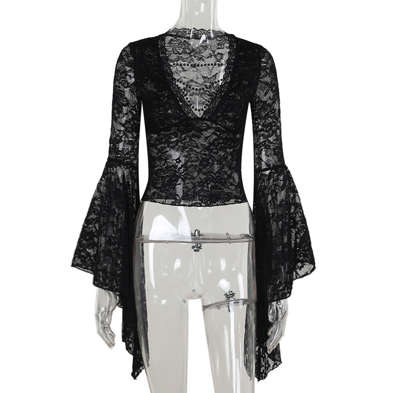 Gothic Lace V-Neck Flare Sleeve Top