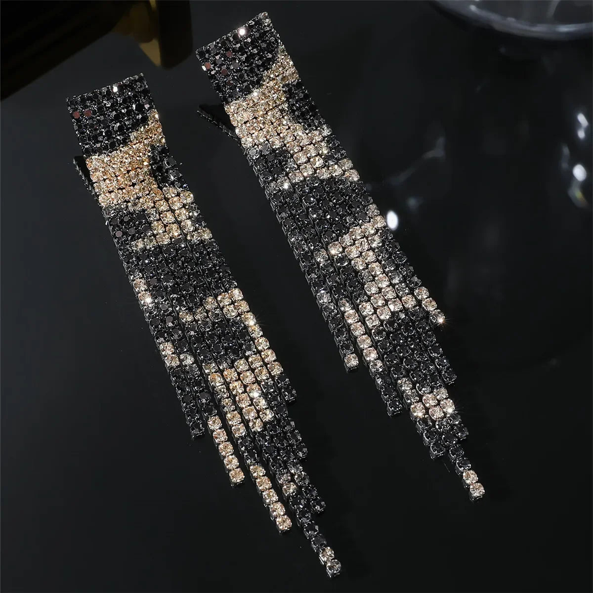 Black Rhinestone Crystal Long Tassel Earrings