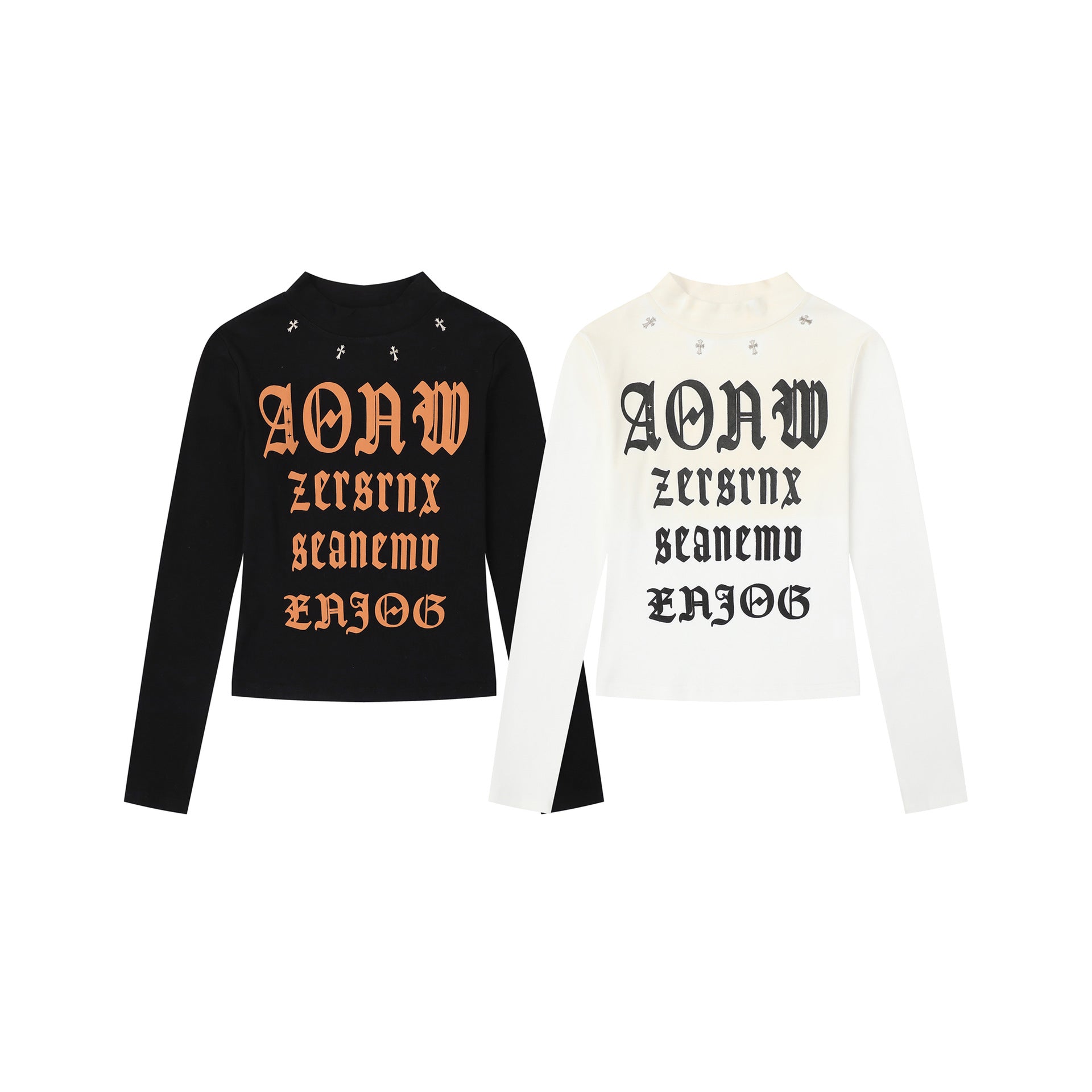 Gothic Letter Stud Crop Top – Semi-High Neck Slim Fit