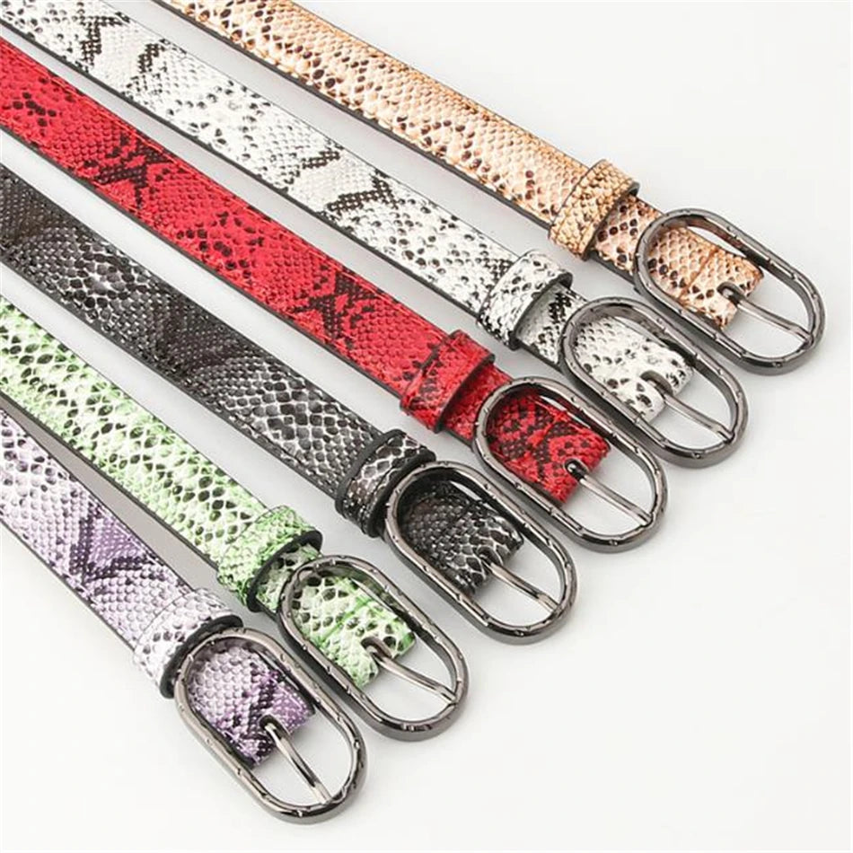 Snake Print Thin Faux Leather Belt | Pin Buckle Waist Strap for Women | Black