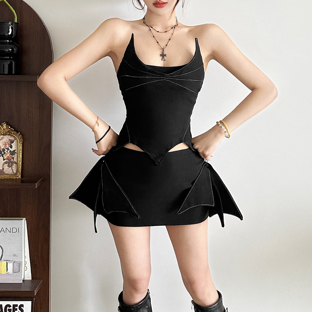 Gothic Bat Wings Crop Top & Mini Skirt | Dark Fashion Outfit Set for Women