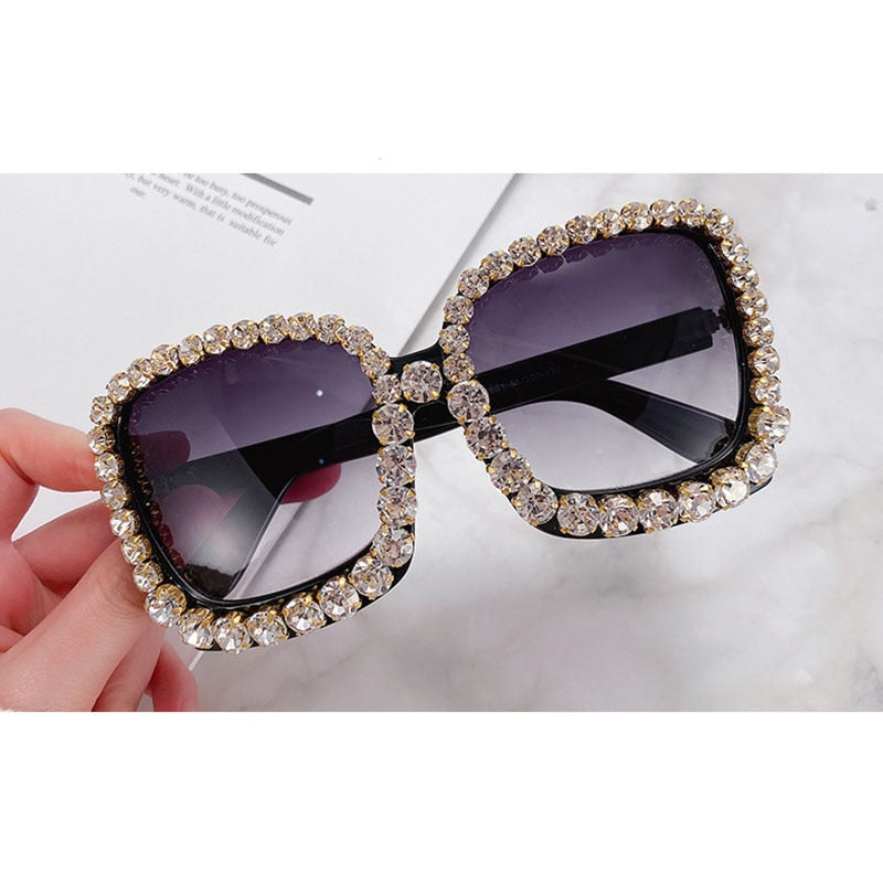 Oversized Square Rhinestone Crystal Sunglasses | Vintage Luxury UV400 | Black, Silver, Pink, Purple