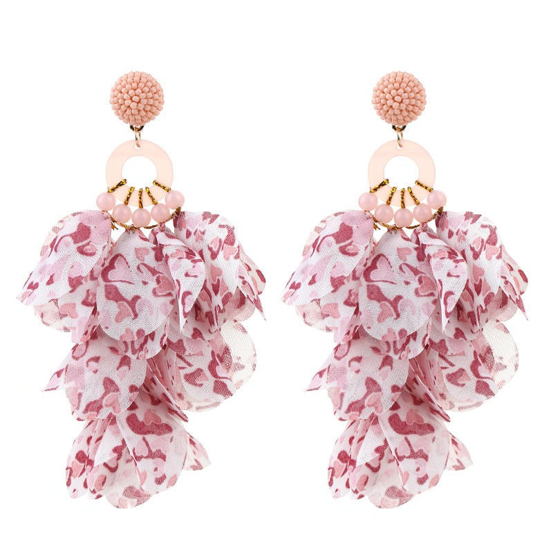 Handmade fabric floral earrings long tassel earrings