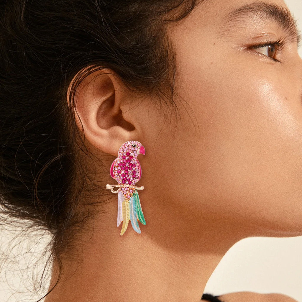 Retro full diamond colored cute animal bird lady earrings and earrings