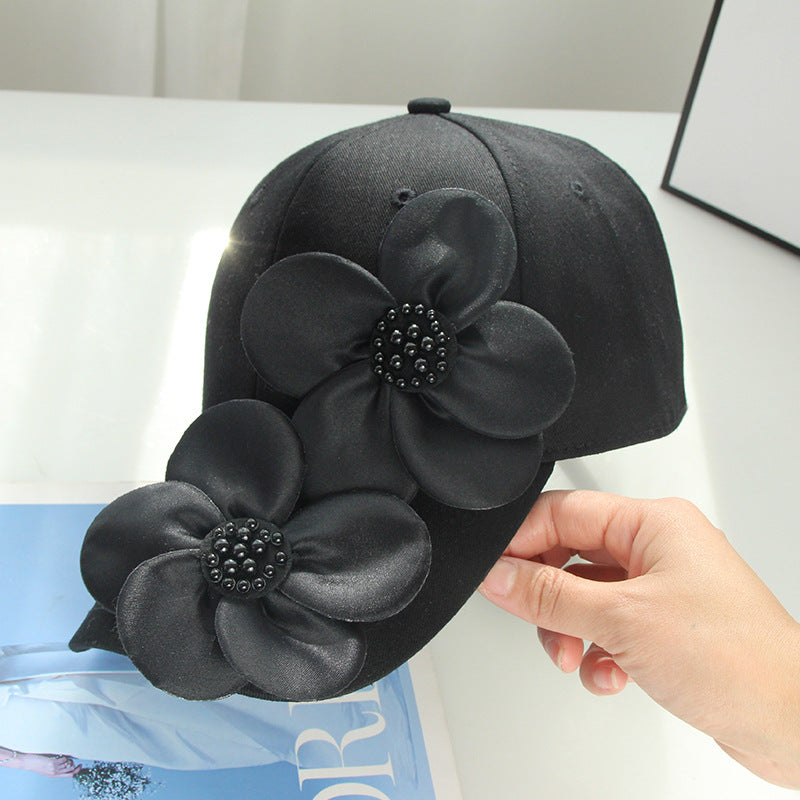 3D Pearl Flower Baseball Cap | Korean Style Cotton Sun Hat | Black & White