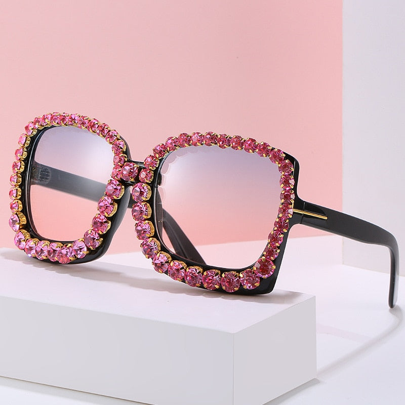 Oversized Square Rhinestone Crystal Sunglasses | Vintage Luxury UV400 | Black, Silver, Pink, Purple