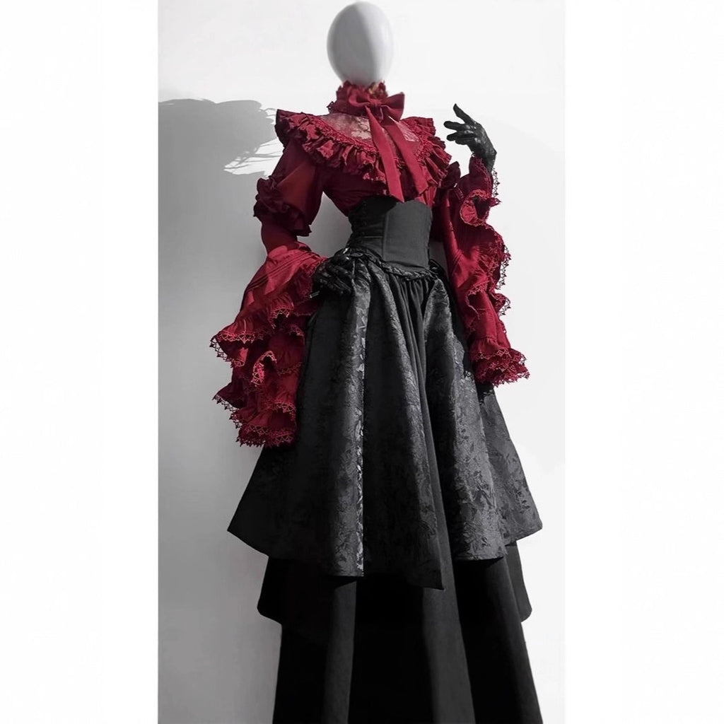Gothic Lolita Corset Shirt & A-Line Skirt Set | Princess Sleeve Two-Piece Outfit