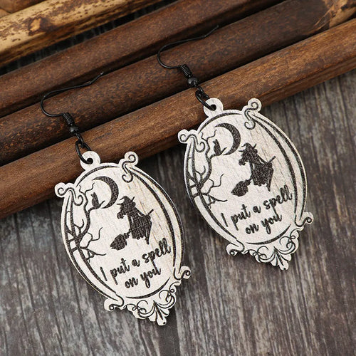 "I Put a Spell on You" Witch Wood Dangle Earrings | Laser-Engraved Gothic Earrings