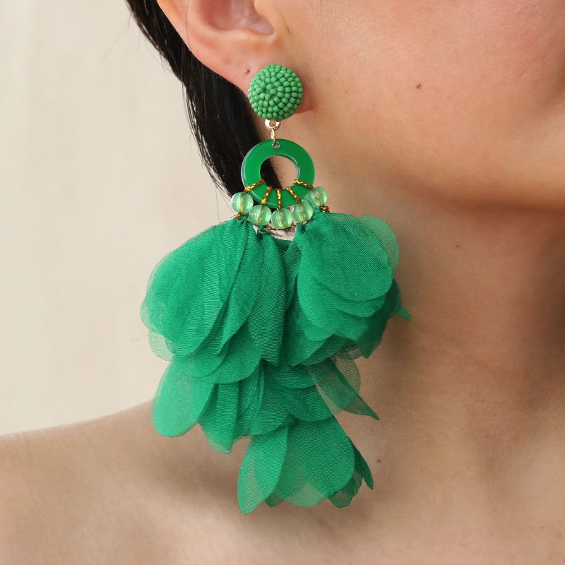 Handmade fabric floral earrings women's fashion exaggerated long earrings