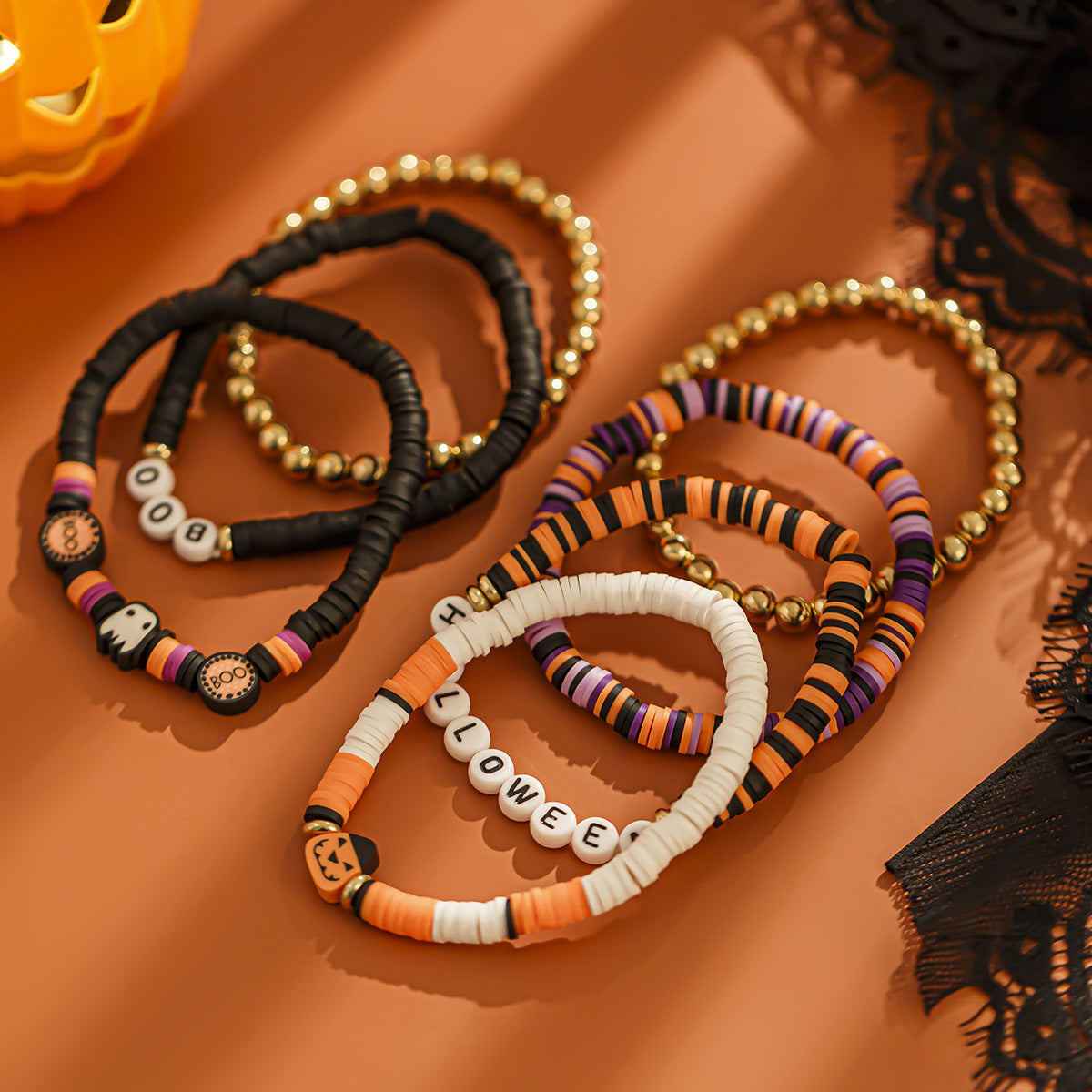 Gothic Pumpkin Multi-Layer Bracelet Set | Punk Alloy Ceramic Halloween Jewelry