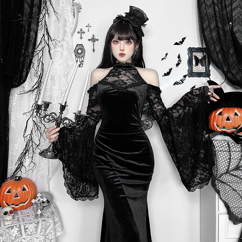 Gothic Witch Maxi Dress – Halter Flared Sleeve Bodycon