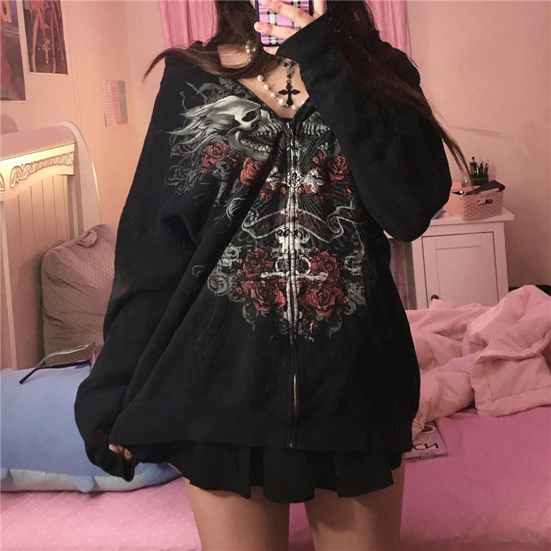 Gothic Zipper Hoodie Cardigan – Fleece-Lined Loose Fit