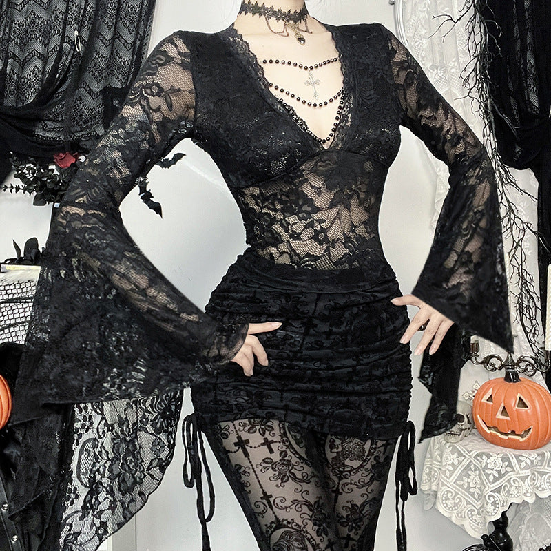 Gothic Lace V-Neck Flare Sleeve Top