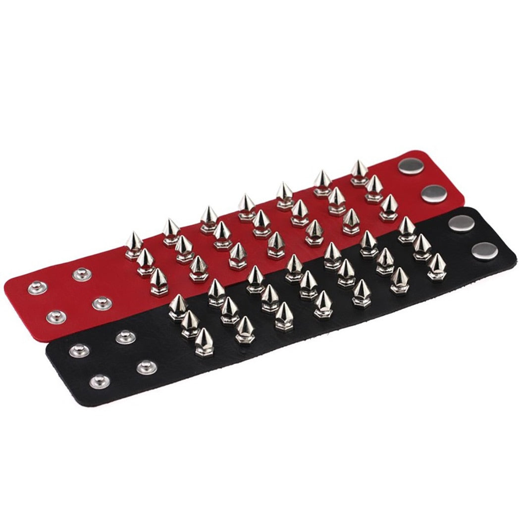 Punk Gothic Spiked Rivet Leather Cuff Bracelet | Wide Wristband | Black & Red