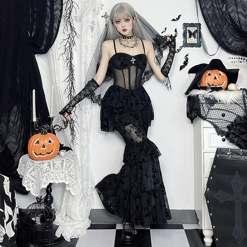 Gothic Chiffon Strap Bodycon Maxi Dress
