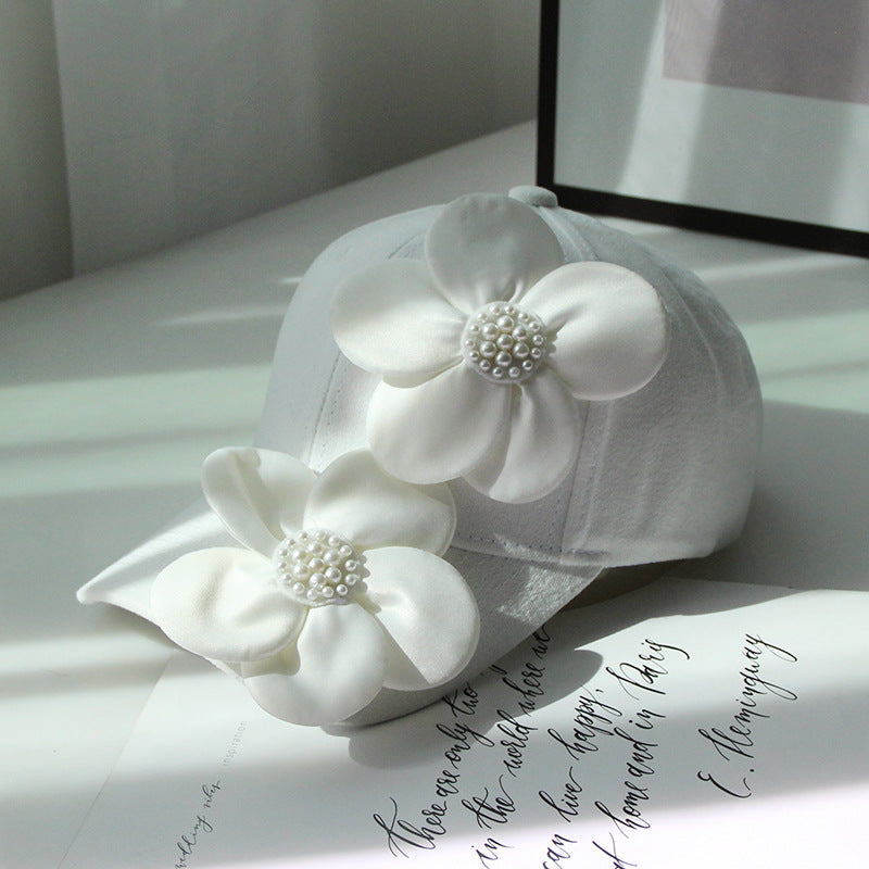3D Pearl Flower Baseball Cap | Korean Style Cotton Sun Hat | Black & White